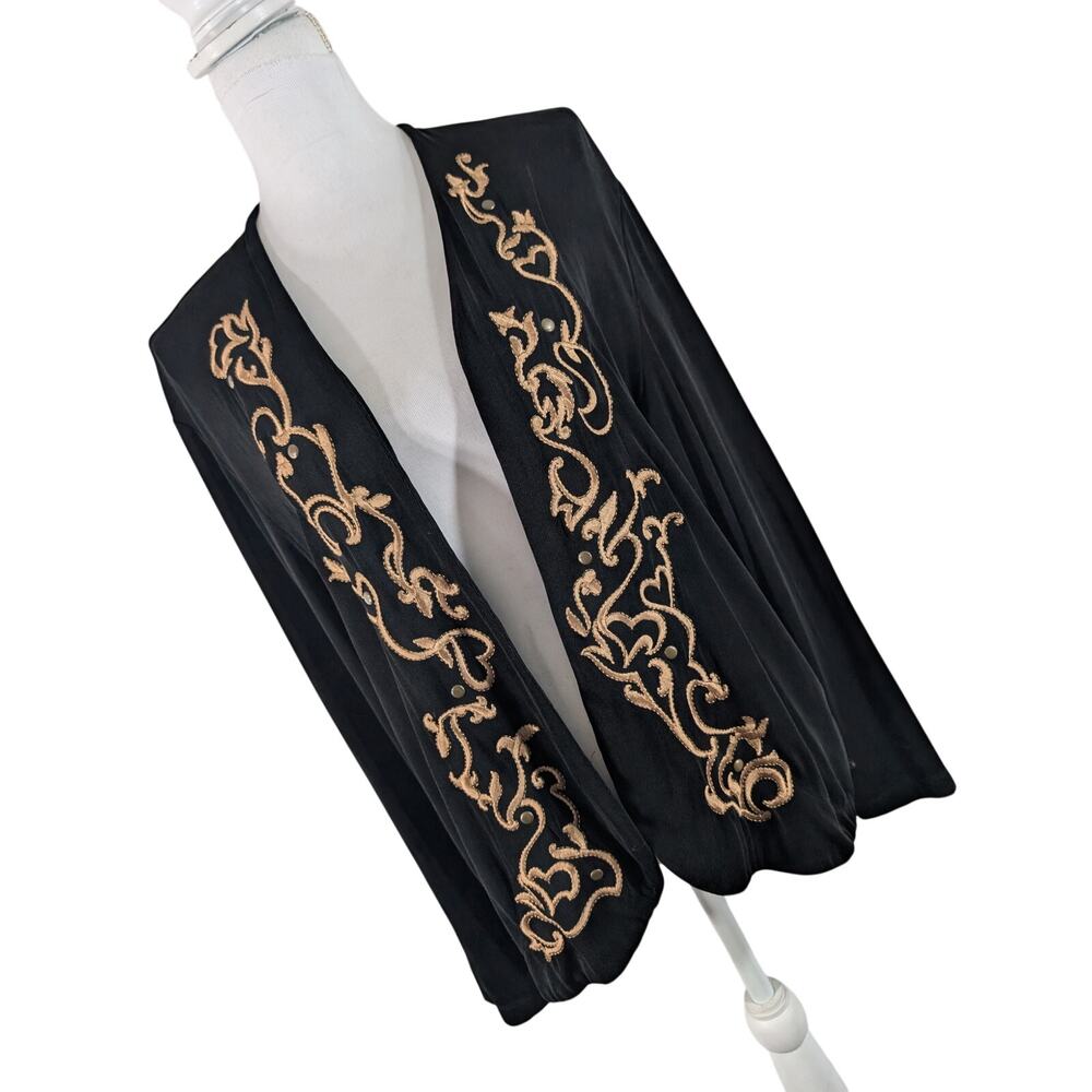 CHICO'S TRAVELERS! WRINKLE FREE BLACK, EMBROIDERED W/GOLD SWIRLS SWEATER! 16/18